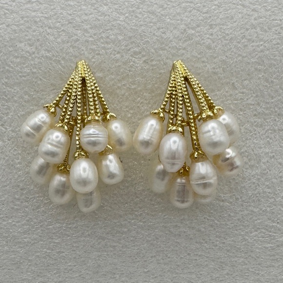 Elegant Gold and White Real Fresh Water Pearl Earrings - Picture 1 of 6